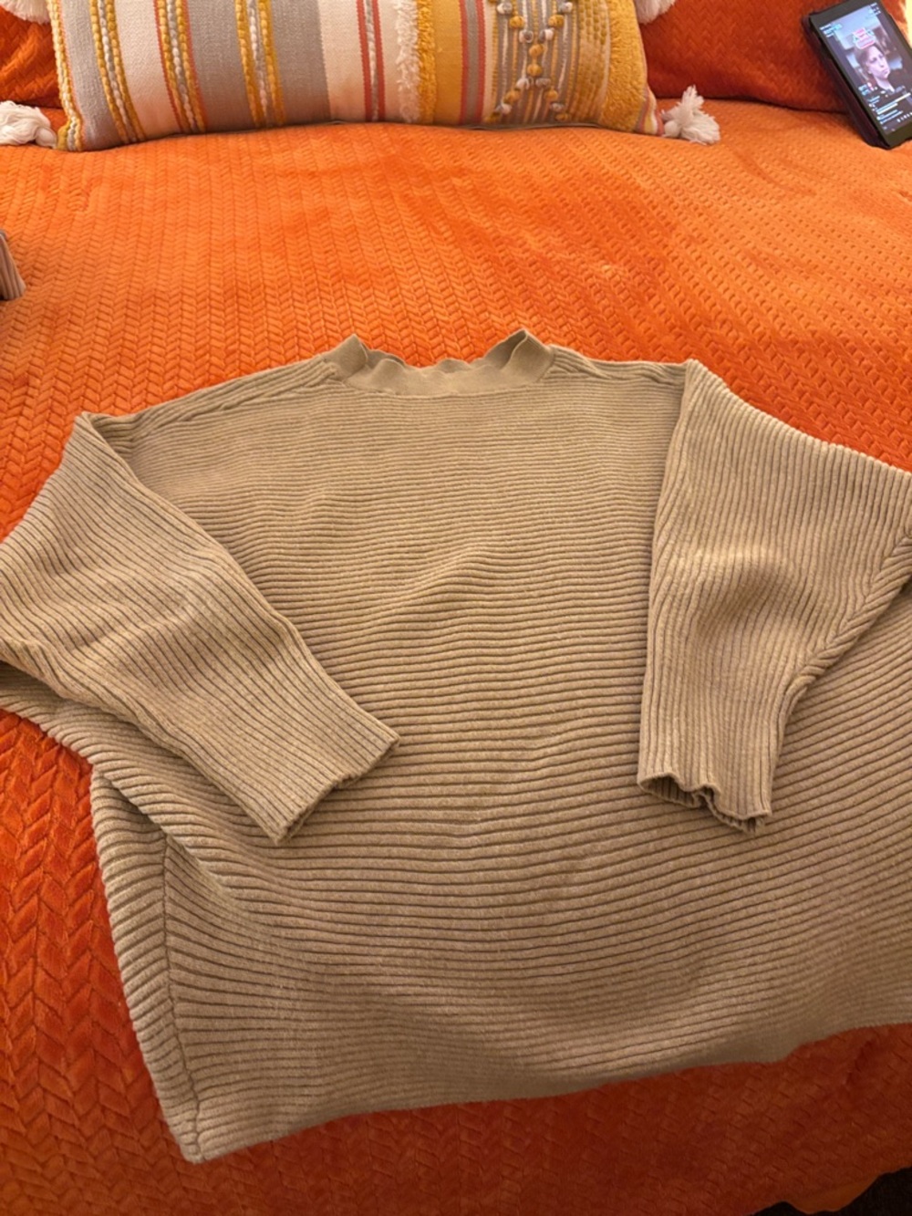 Neutral Ribbed Knit Sweater with Subtle Mock Neck